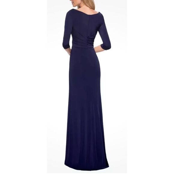 La Femme Ruched Jersey Column Gown in Navy Blue NWOT Size 8 - Picture 2 of 6